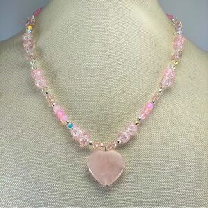 Artisan Handmade Crafted Rose Quartz Heart Pendant Glass Beaded Necklace Boho
